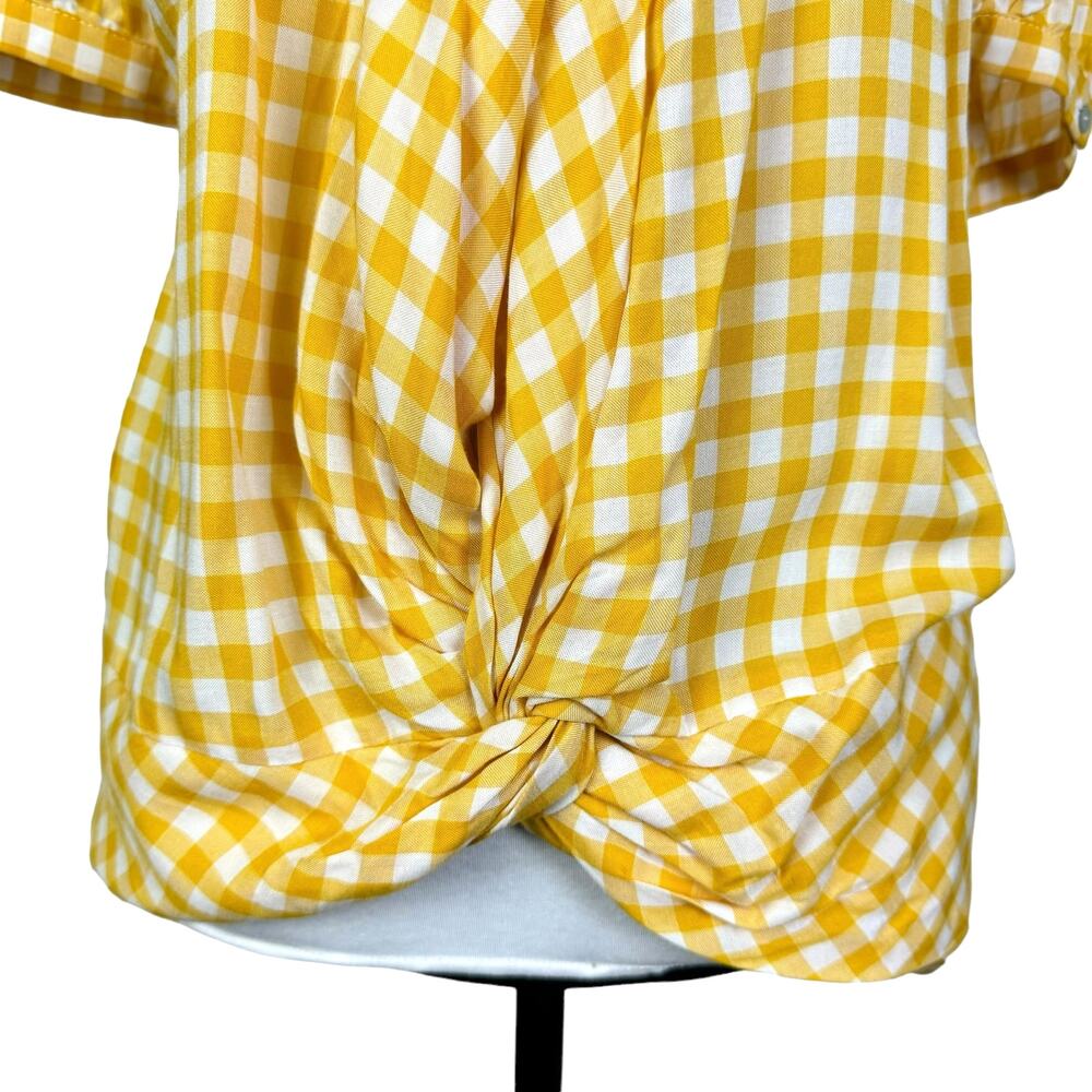 Kut from the Kloth Golden Yellow Gingham Checkered Short Sleeve Twist Top - Picture 5 of 10